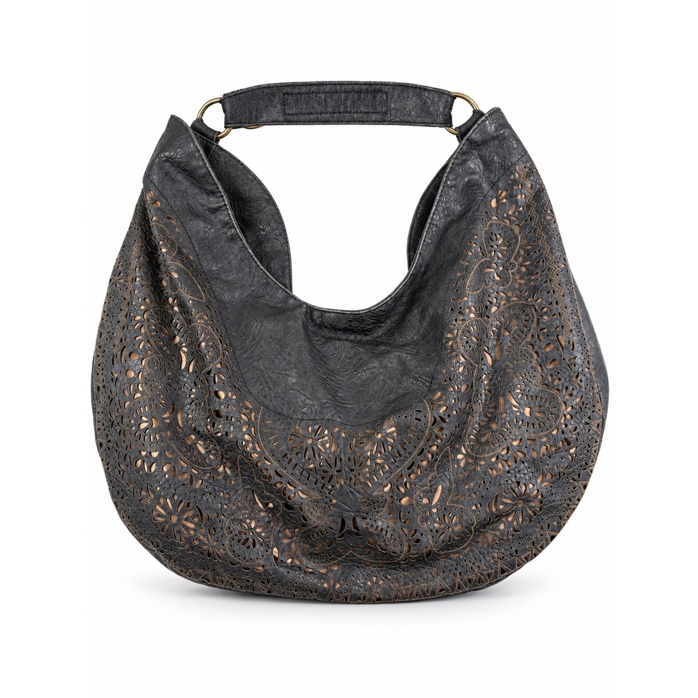 Big Buddha Vintage Y2K Black Laser Cut Faux Leather Hobo Shoulder Bag